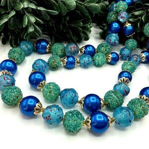 Vintage Hong Kong Double Strand Blue and Green Beaded Necklace With Gold-Tone Ac